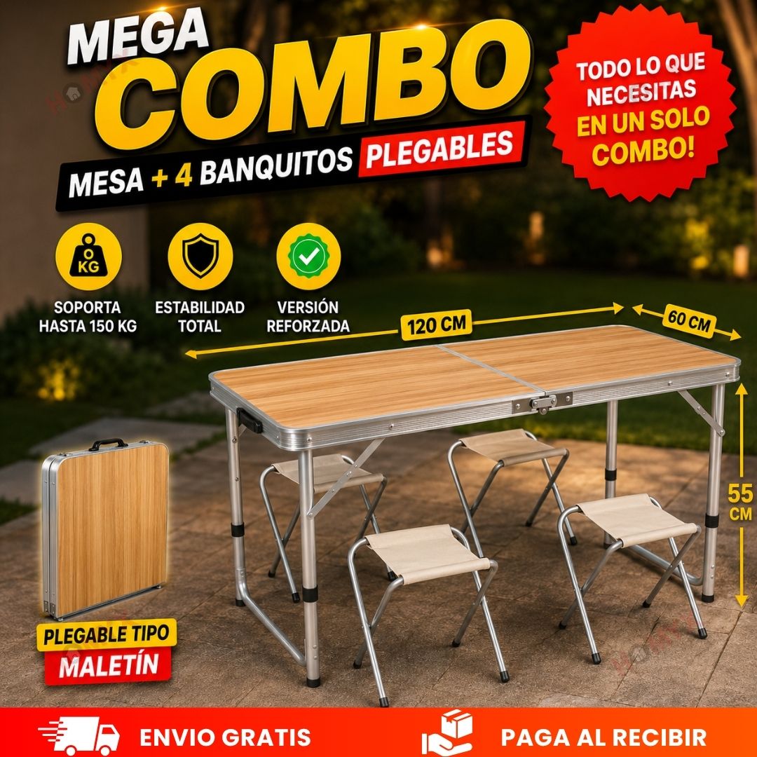 Masa Plegable + 4 Bancos Plegables