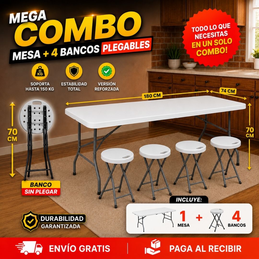 ¡MEGA COMBO! Mesa Extra GRANDE + 4 Bancos Plegables