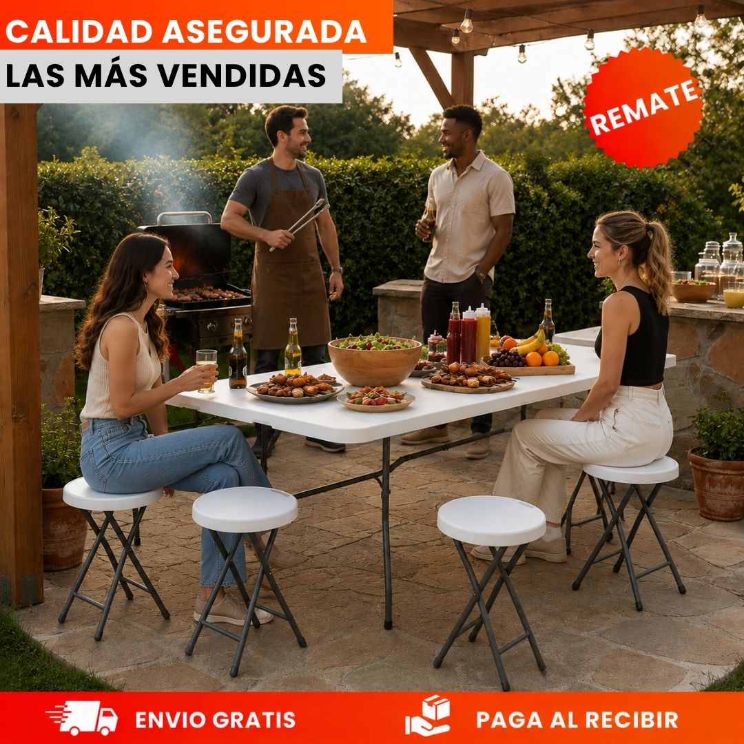 ¡MEGA COMBO! Mesa Extra GRANDE + 4 Bancos Plegables